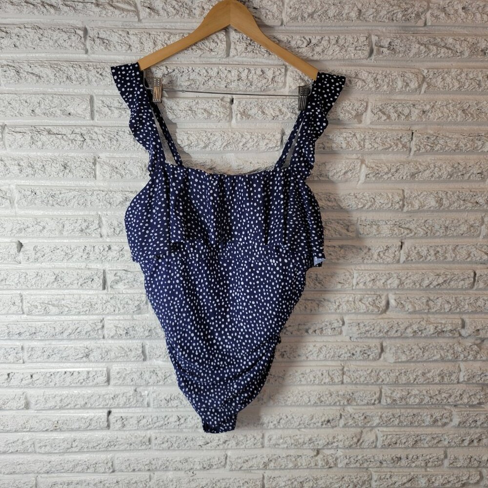 Kona Sol Women's 20 Plus Size One Piece Swimsuit Blue White Polka Dot GEO127E